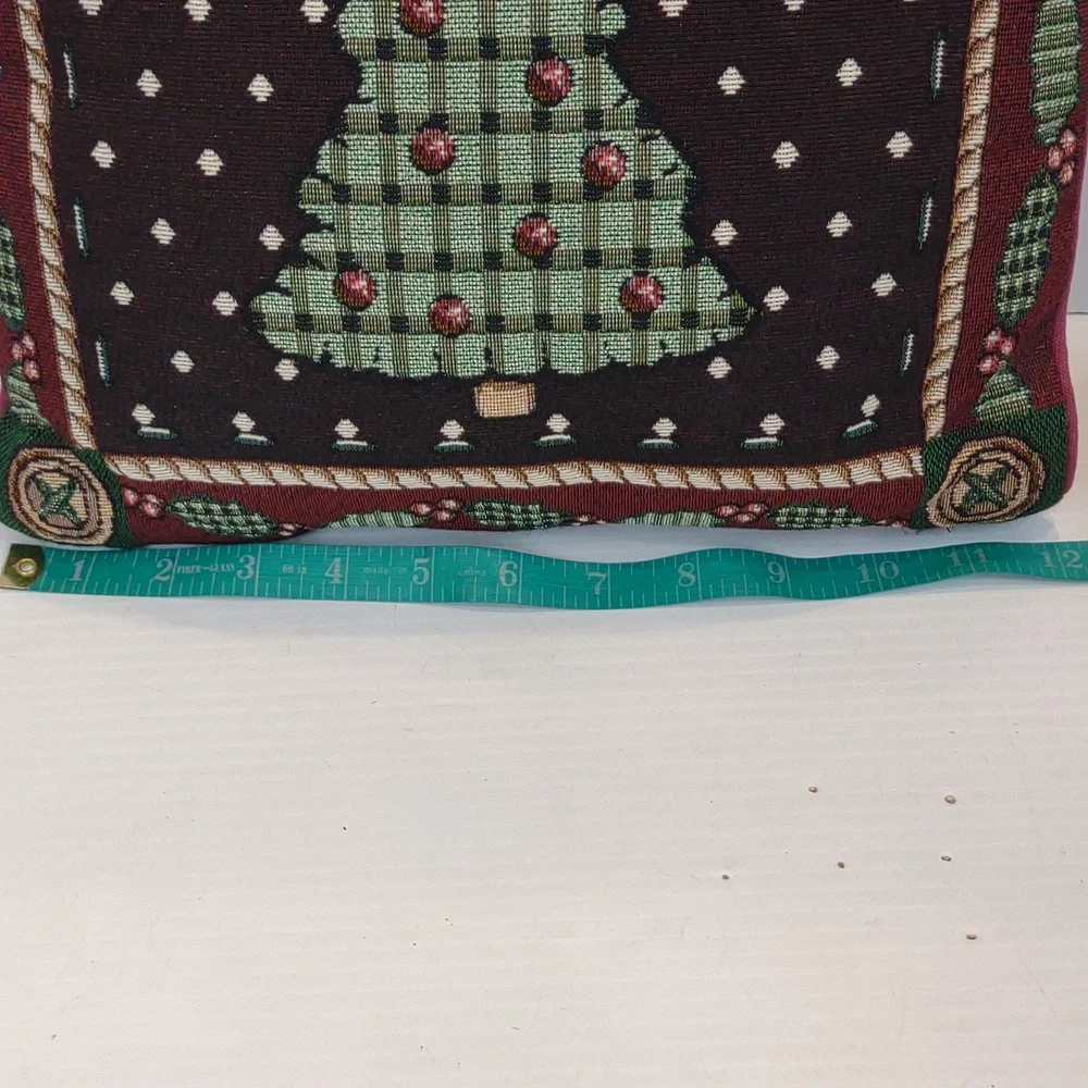 Christmas Tree Tapestry Stuffed Pillow Dark Brown Maroon Green 12